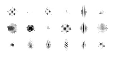 Abstract halftone patterns and line art elements arranged on a white background