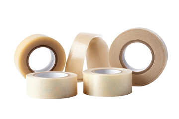 Assortment of tape rolls, various sizes, translucent, on black backdrop