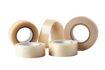 Assortment of tape rolls, various sizes, translucent, on black backdrop