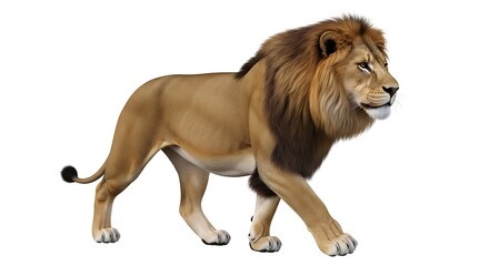 Obraz premium Majestic Lion in Profile, Walking Confidently Against White Background.