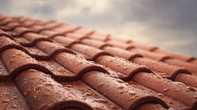 A close-up of a terracotta roof drenched in rain, showcasing water droplets sliding off the tiles against a cloudy sky.