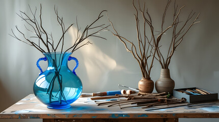 A stunning translucent blue glass vase with delicate handles and a rounded body sits atop a rustic wooden craft table, its surface worn from frequent use, surrounded by an assortment of art supplies