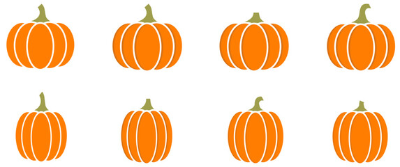 Simple pumpkin icon set featuring multiple orange pumpkins in clean flat style, ideal for autumn, harvest, Halloween, pumpkin, autumn, harvest, hallo, ween, vector, icons.