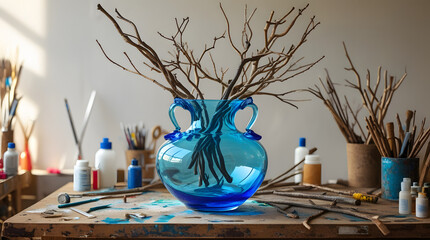 A stunning translucent blue glass vase with delicate handles and a rounded body sits atop a rustic wooden craft table, its surface worn from frequent use, surrounded by an assortment of art supplies