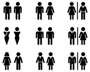 Clean gender and restroom symbols set featuring male, female, unisex and couple signs, ideal for toilets, washrooms, restroom, toilet, washroom, vector, icons.