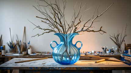 A stunning translucent blue glass vase with delicate handles and a rounded body sits atop a rustic wooden craft table, its surface worn from frequent use, surrounded by an assortment of art supplies