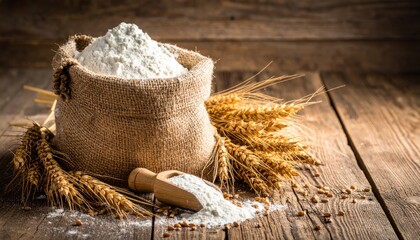 Bag of flour and wheat ears on a rustic wooden table, representing baking ingredients and natural grain products