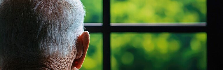 An elderly person gazing out a window, reflecting on life while surrounded by tranquility and the beauty of nature beyond.