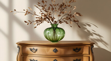 A stunning transparent green glass vase with an elegant curved shape and subtle ridges, filled with an arrangement of delicate dried branches in varying shades of beige and brown