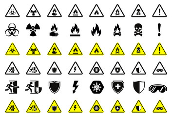 Set of hazard and safety warning symbols featuring danger, caution, fire, toxic, radiation, electrical and protective signs designed for industrial, warning, hazard, danger, safety, vector, icons.
