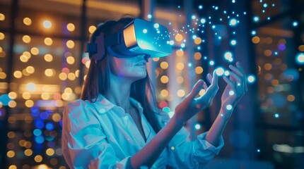 Student using VR headset & AI technology in smart classroom. Artificial intelligence, machine learning, virtual reality in education. Interactive learning, innovation, digital tools, futuristic school - Powered by Adobe