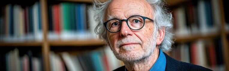 A thoughtful individual with grey hair and glasses in front of a bookshelf filled with books.
