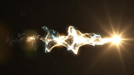 Abstract glowing energy stream with bright lens flare and particle effects on a dark, starry background, creating a dynamic sci-fi or magical visual.