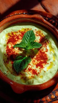 Close up of cacik in a clay bowl sprinkled with red paprika powder and garnished with fresh mint leaves Light and shadow