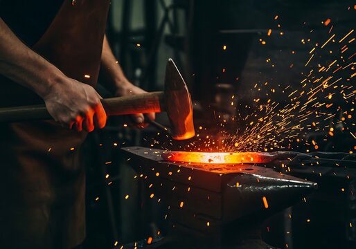 Blacksmith hammering glowing hot metal on an anvil, creating flying sparks in a dark workshop environment