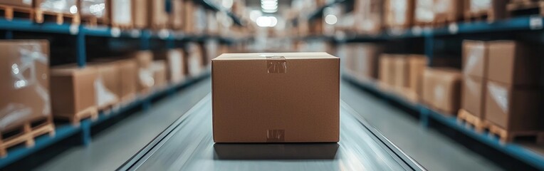 A detailed view of a cardboard box on a conveyor belt in a bustling warehouse filled with stacked storage shelves and packages.