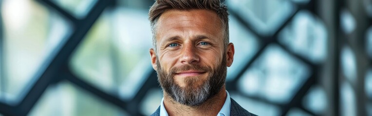 A confident man with a stylish beard and blue eyes smiling in a modern indoor setting with geometric designs.