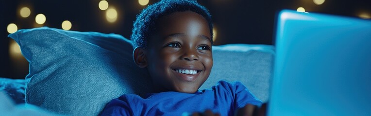 A joyful child enjoying screen time while smiling in a cozy environment filled with warm lights and soft pillows.