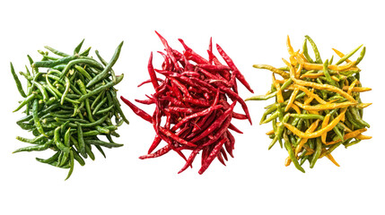Naklejka premium Three piles of small spicy peppers in green red and yellow isolated on transparent background