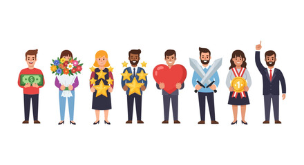 Celebrating achievements, rewards, and success with a diverse group of people holding symbolic items