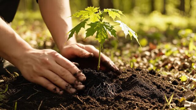 Close-up of hands planting a small green sapling into rich soil outdoors, symbolizing growth, environmental care, and new life in a sunny natural setting.