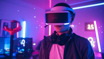 Man immersed in virtual reality experience wearing VR headset in neonlit gaming room, exploring digital world with excitement and wonder.