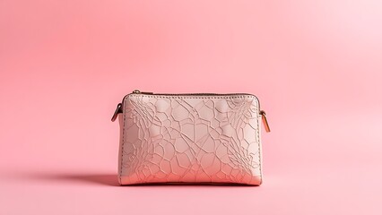 Elegant cosmetic bag on soft pink background, highlighting texture and design.