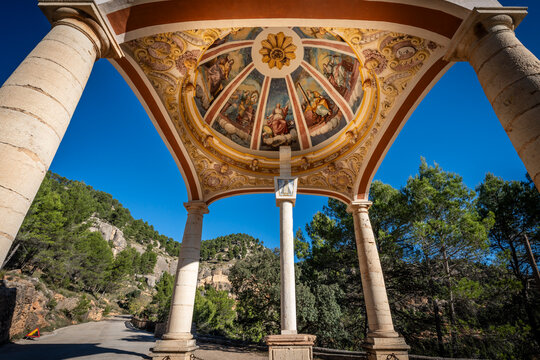 Sanctuary of the Virgin of Balma,  cross covered by the Crown of Aragon, dome adorned with frescoes by Cruella (1860), Zorita del Maestrazgo, province of Castellón, Valencian Community, Spain