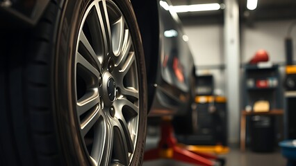 A mechanic working on a car tire in a garage, focused craftsmanship scene.