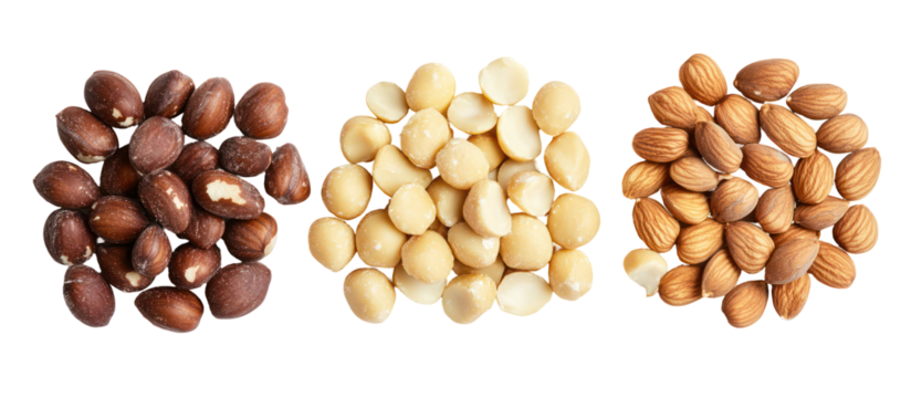 Three piles of different nuts isolated on transparent background