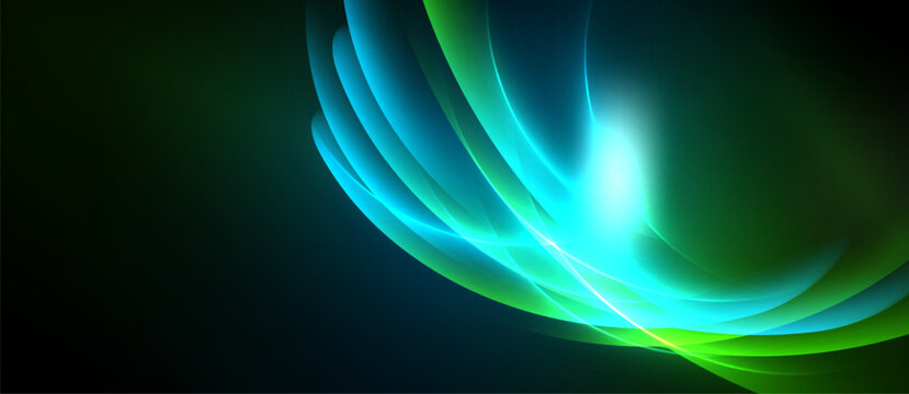Abstract luminous waves, vibrant greens, blues radiate from central bright point. Dark background emphasizes flowing energy.