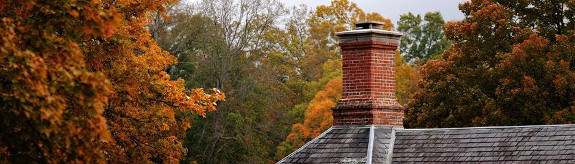 Obraz premium A charming chimney peeks above a rustic roof, surrounded by vibrant autumn foliage, showcasing the beauty of fall in a serene landscape.