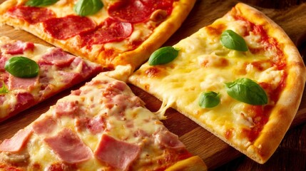 Savor the beauty of pizza with a close-up of various slices featuring pepperoni, ham, and fresh basil on golden, crispy crusts. Perfect for pizza lovers at any time