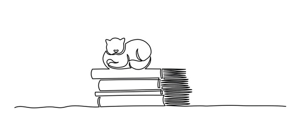 Cute Sleeping Cat on Stack of Books Minimalist One Line Art Illustration