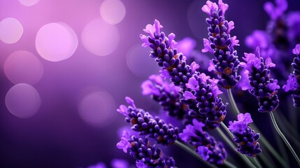 Lavender blossoms stand against a bokeh background of purple hues, creating a soft and vibrant visual effect.