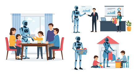 Concept illustrations of AI robot assistants integrated into daily life, helping a family at home and working in business