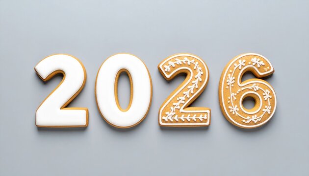 Ginger biscuits of the form of numbers and 2026 new year ginger cookies on grey background - Powered by Adobe