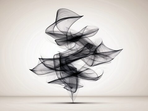 A dark, ethereal cloud of smoke or ink swirls and dances in a dynamic, abstract form against a soft, neutral backdrop. - Powered by Adobe