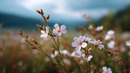 Delicate white and pink wildflowers with buds bloom gently in a serene meadow with a blurred backdrop of hills and a moody sky