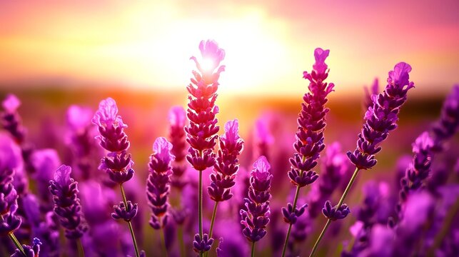 Lavender flowers bloom in a field during sunset, exhibiting vibrant purple petals against a blurred horizon. - Powered by Adobe