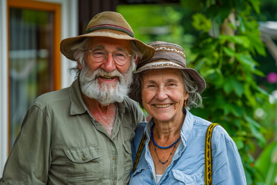 Elderly couple sharing a joyful moment outdoors in a lush green setting during sunny weather