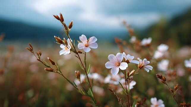 Delicate white and pink wildflowers with buds bloom gently in a serene meadow with a blurred backdrop of hills and a moody sky - Powered by Adobe