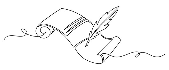 Old scroll and feather pen in minimalist continuous line art illustration