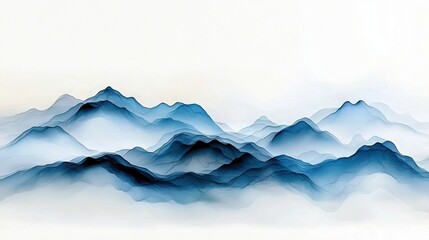 Obraz premium A serene landscape featuring layered blue mountain peaks shrouded in mist, set against a clean white background.