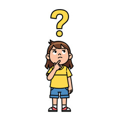Young girl pondering with a large question mark above her head