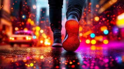 Legs clad in dark clothing walk on a city street with blurred colorful lights and shiny wet ground.