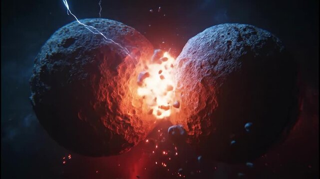 Two planets colliding in a fiery explosion with lightning.