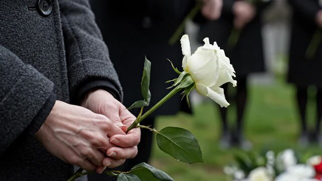 Woman holding a white rose at a funeral. Mourner expresses condolence and grief. Ceremony of remembrance at a cemetery for a lost loved one.