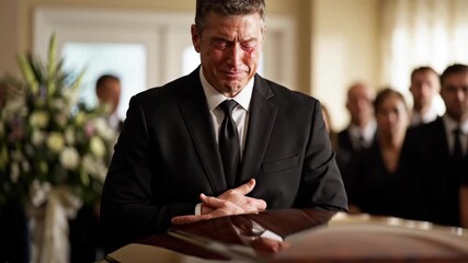 Caucasian man openly weeping at funeral service, expressing deep sorrow and grief over loss, standing near coffin. Mourning concept.