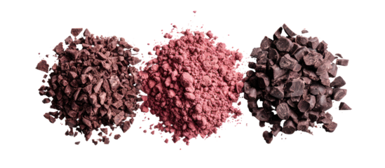 Three piles of milk ruby dark chocolate side by side overhead on transparent background